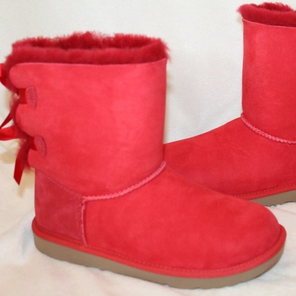 NIB UGG GIRL'S BAILEY BOW RIBBON SUEDE SHEARLING CLASSIC SHORT BOOTS RED - Picture 3 of 7